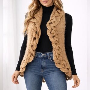 John Fashion Wool Fuzzy Corchet Open Front Soft Sweater Vest Tan Women OS Boho